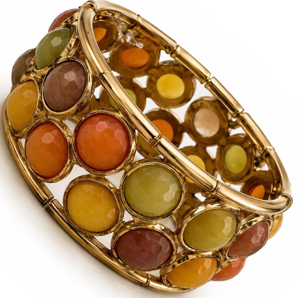 Gold Tone Double Row Faceted Resin Cabochon
Stretch Cuff Bracelet Autumn Tones - Picture 7 of 8